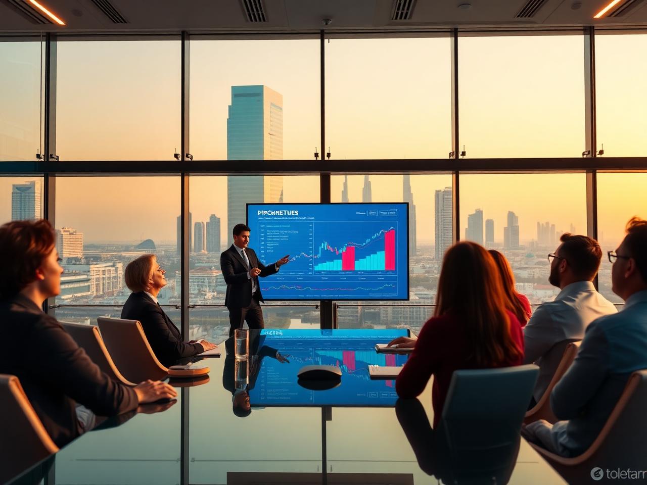 Founder presenting to investors with a city skyline behind